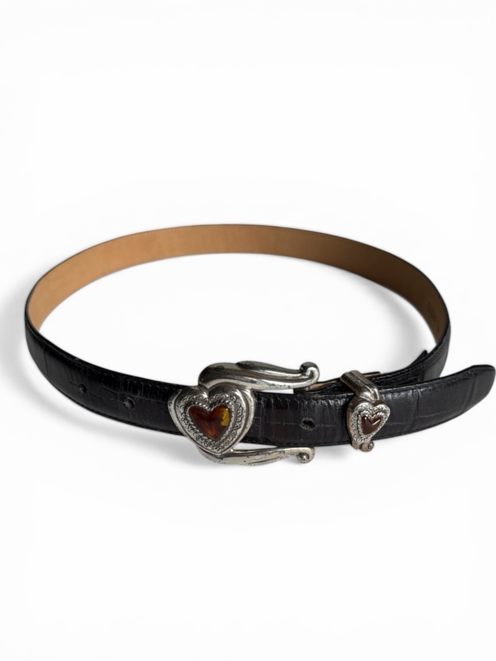 Womens Brighton 40273 Black Leather Belt Silver Buckle Brown Heart Accents M/30